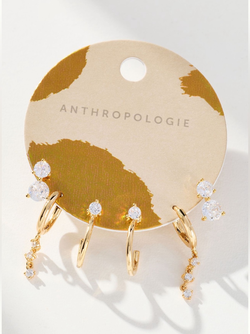Anthropologie 14KT Gold Plated Earrings Thin Drop New Set of 3 CZ Hoops - Picture 4 of 7